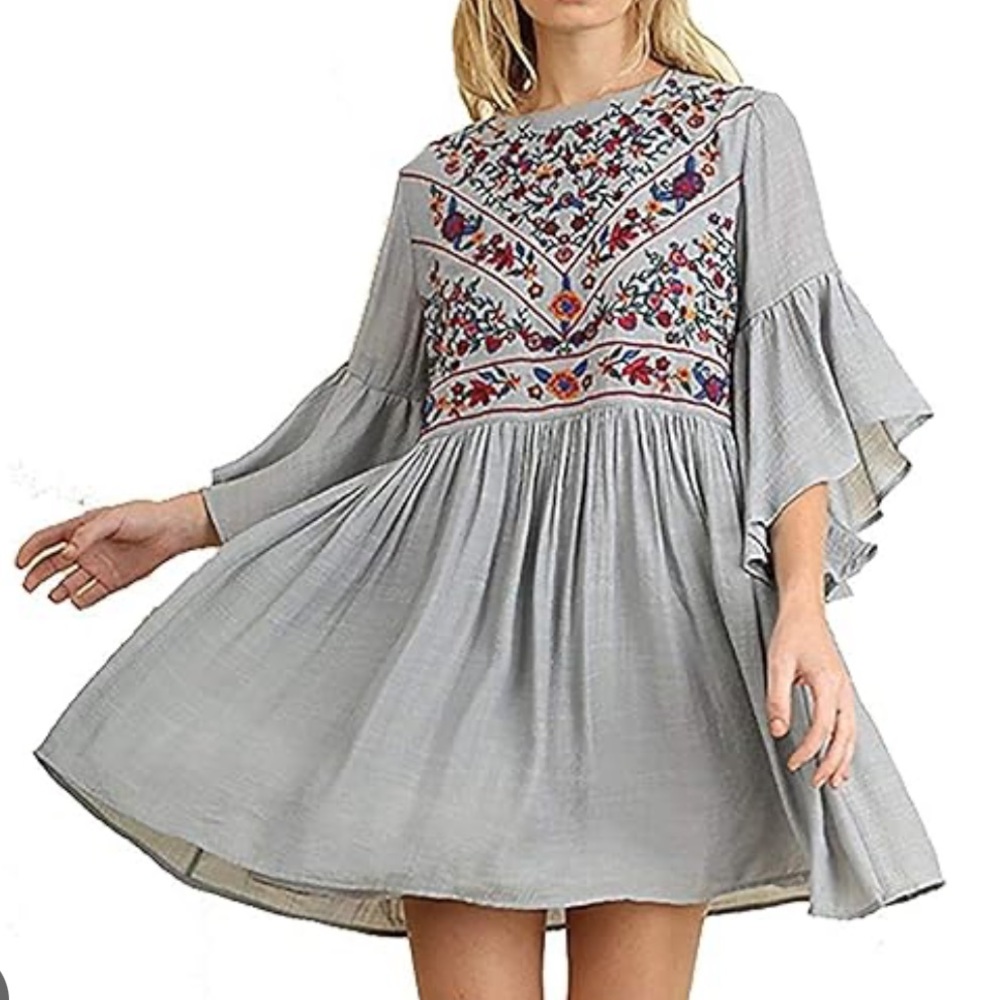 Umgee Gray Dress with Colorful Embroidery